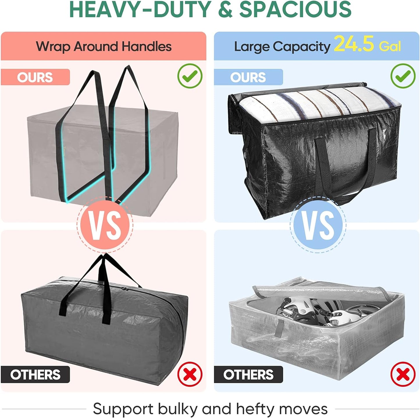 8-Pack Oversized Moving Bags with Reinforced Handles, Heavy-Duty Storage Tote for Clothes, Moving Supplies (Black, 8-Pack)